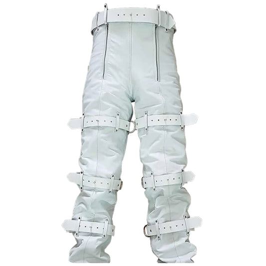 Vaqueros de bondage de cuero blanco auténtico para hombre con cremallera trasera y cierre.
