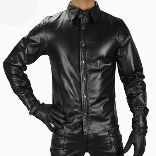 A black leather long-sleeve button-up shirt with a pointed collar, modeled on a headless torso with black gloves and matching pants against a plain white background.