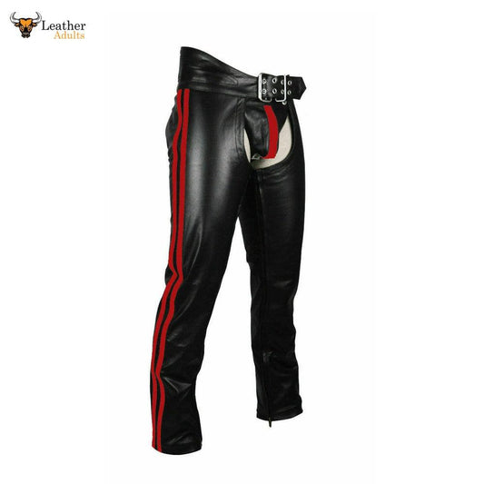 Men's Real Bikers Chaps Leather Chaps Red Stripes Leather Gay Chaps with Jockstrap