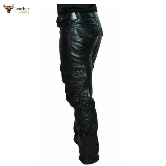 Mens Cow Leather Cargo Quilted Panels Pants Bikers Cargo Pants Trousers