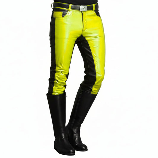 A pair of men's leather pants with black legs and yellow upper legs, featuring a high waist and double stitched seams.