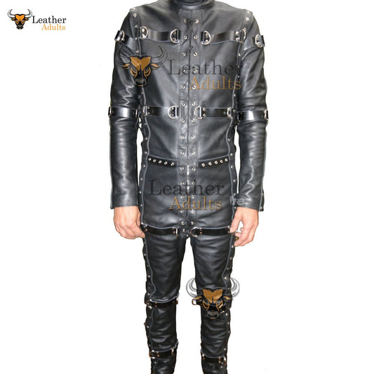 Traje de salto de servidumbre para hombre, traje de celda, cuero negro de alta resistencia, catsuit de restricción BDSM
