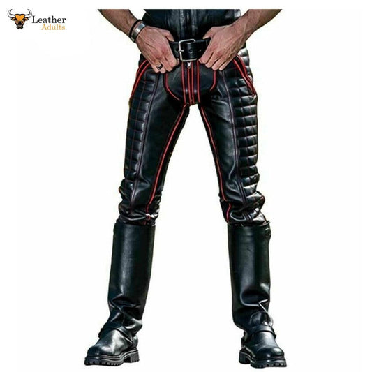 Mens Black Cowhide Leather Red Stripes Double Zip Pants BLUF Breeches Gay Trousers