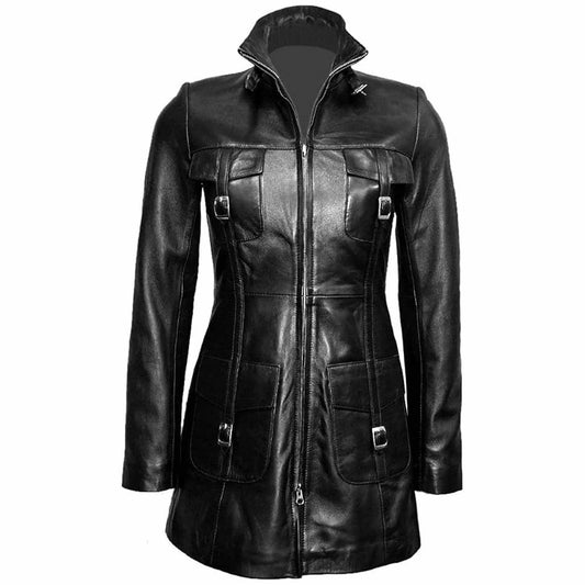 Gabardina de cuero de cordero auténtico negro para mujer estilo Steampunk T14