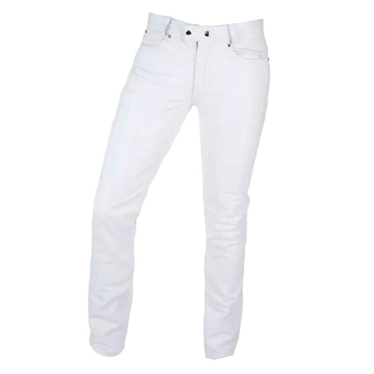 White slim-fit leather jeans shown on a light gray background.