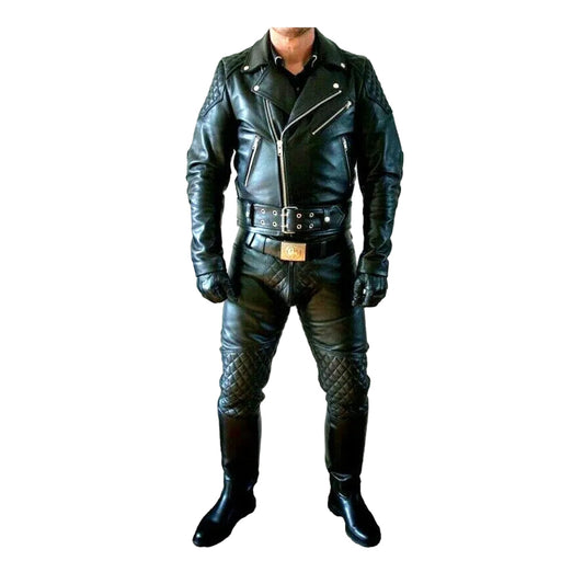 Pantalones de cuero auténtico para hombre, con doble cremallera, estilo vaquero, color azul.
