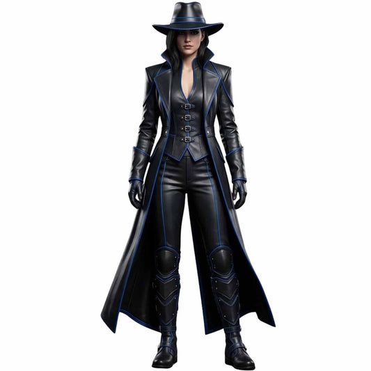 Full length front view of women handmade black cyberpunk leather trench coat outfit with blue piping buckled vest and wide brim hat on white background