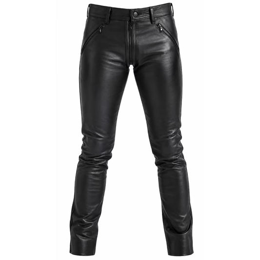 Front studio view of handmade mens black leather pants showing slanted zipper pockets, snap waistband, and slim leg taper
