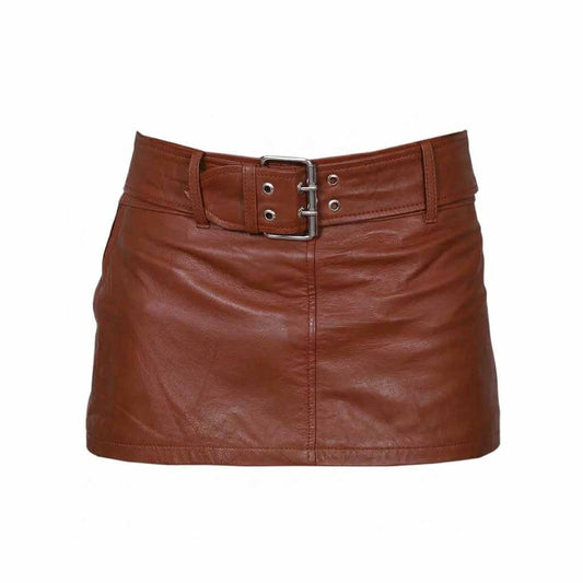 Minifalda sexy de cuero de cordero genuino extrasuave de color marrón para mujer