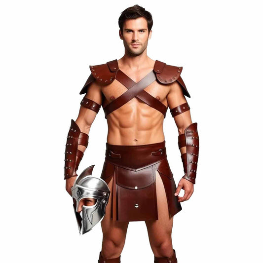 Disfraz de gladiador de cuero marrón para hombre, conjunto de armadura para recreación histórica, kilt, guerrero romano, LARP