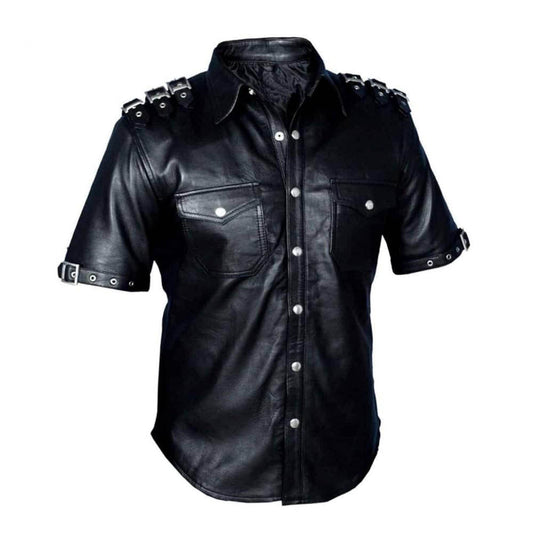 Camisa gay de uniforme de policía de cuero para hombre, de piel de cordero auténtica, negra, BLUF