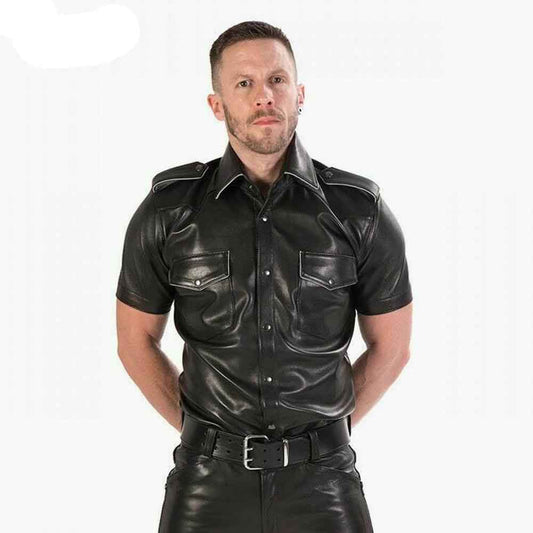 CAMISA DE CUERO GENUINO DE VACA PARA HOMBRE Negra Estilo Policía Militar BLUF TODAS LAS TALLAS Camisa
