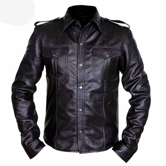 CAMISA DE CUERO PARA HOMBRE ESTILO POLICIAL REAL SEXY MANGAS LARGAS CAMISA DE CUERO DE CORDERO