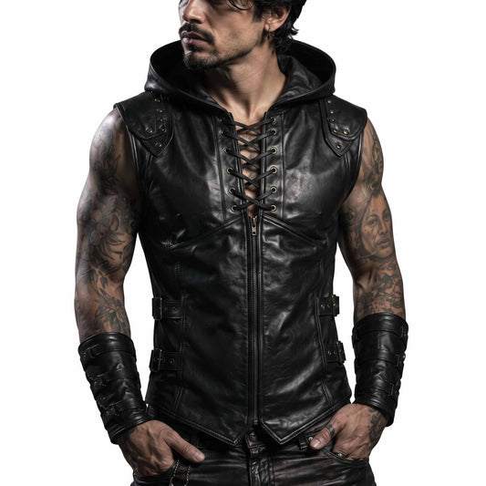 Full front view of man wearing handmade black sheepskin leather hooded vest with chest lacing, front zipper, and leather bracers on white background