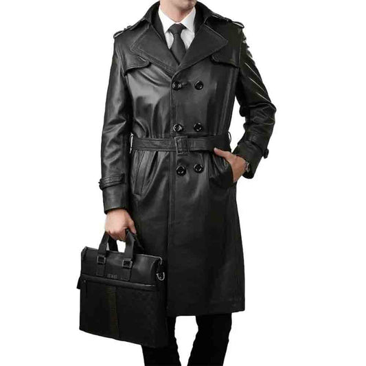 Abrigo de trinchera Matrix STEAMPUNK Van Helsing de cuero auténtico negro para hombre, la mayoría de tallas