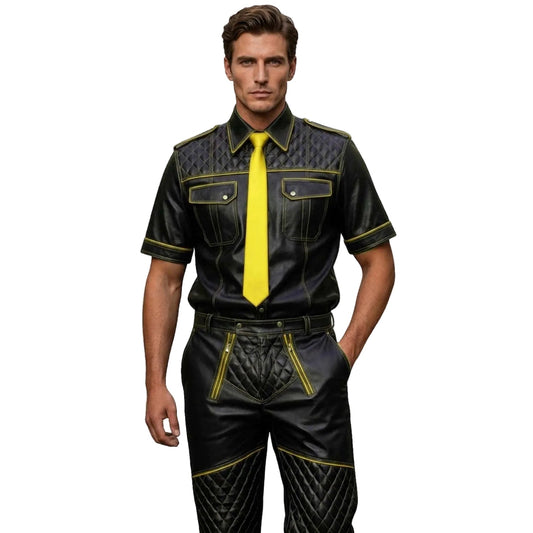 Men’s Black & Yellow Contrast Real Leather Shirt & Breeches Set BLUF Style