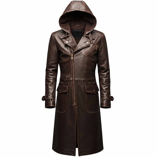 Front view of handmade brown cowhide leather hooded trench coat with asymmetrical zipper, wide lapels, and cargo flap pockets on white background