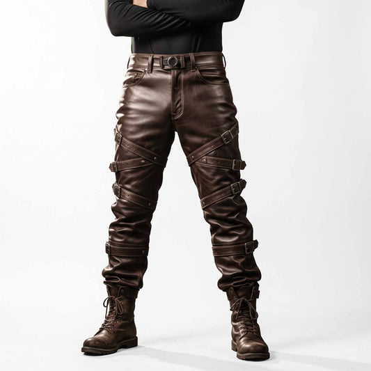 Full length front studio shot of man wearing handmade brown cowhide leather pants with wrap around buckle straps and combat boots on white background