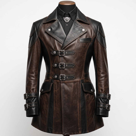 Front view of handmade brown and black leather steampunk coat with wide lapels, triple front buckles, and armored shoulders on tailor mannequin