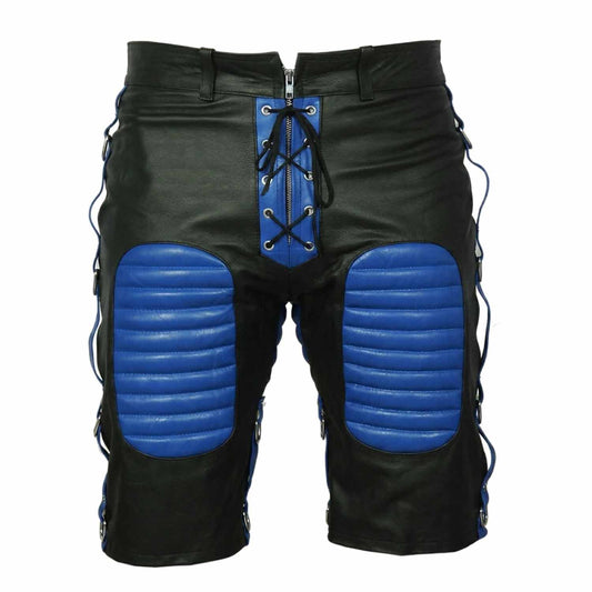 Front view of men's black cowhide leather bondage shorts featuring blue padded thigh panels, blue lace-up zip fly, and side D-ring straps.