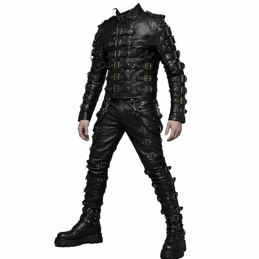 Front view of men's black cowhide leather bondage harness costume featuring multiple antique brass buckle straps and matching buckled pants.