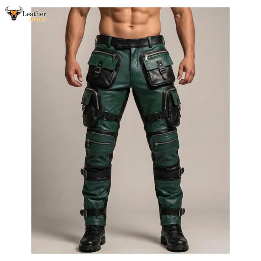 Men's Green & Black Leather Tactical Biker Trousers