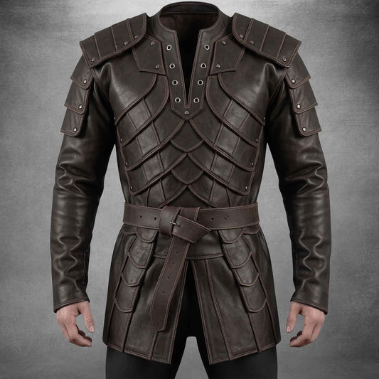 Front view of a men's dark brown leather medieval armor coat showcasing layered scale chest plates, riveted tiered shoulder pauldrons, and a matching buckle waist belt.