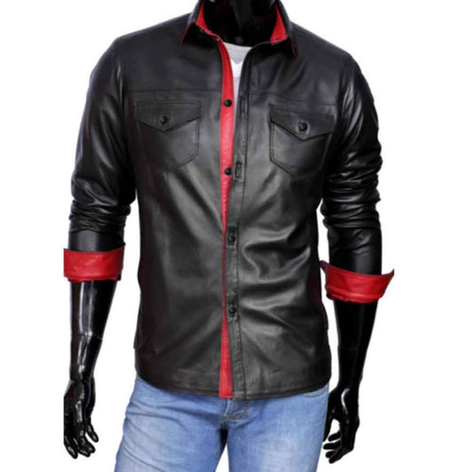 Camisa de cuero de cordero auténtico para hombre, estilo militar de policía, contraste azul y negro