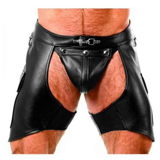 Bermudas chaps de cuero auténtico para hombre con bolsillos cargo y suspensorio