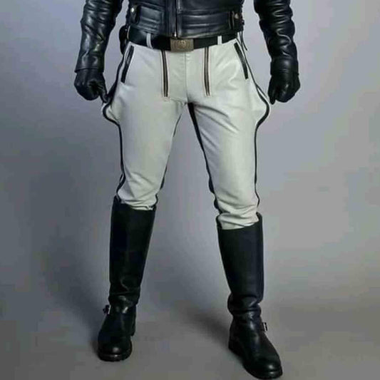 Men's Real Leather White and Black Contrast Saddleback Trousers BLUF Pants Bikers Breeches