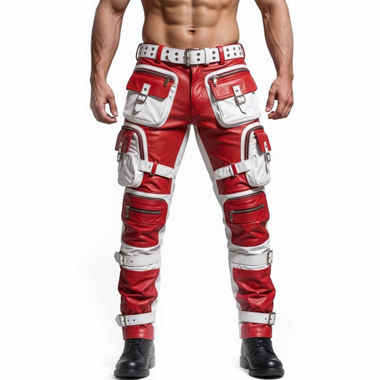 Men's Red & White Leather Tactical Biker Trousers
