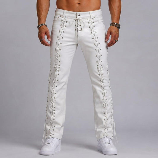 Front full-length shot of model wearing men's white genuine cowhide leather pants featuring front lace-up fly ties and straight-leg fit.