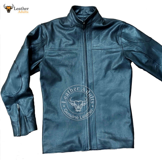 Men's Black Real Cowhide Leather Full Sleeve BLUF Shirt with Full Front Zipper