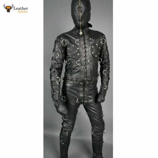 Mens Bondage jump suit cell suit Black Cow Leather Heavy Duty Restriction Catsuit BDSM