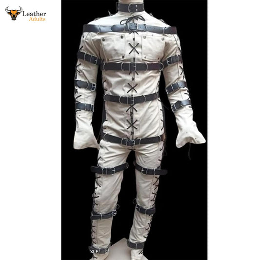 Mens Bondage jump suit cell suit White Cow Leather Heavy Duty Restriction Catsuit BDSM