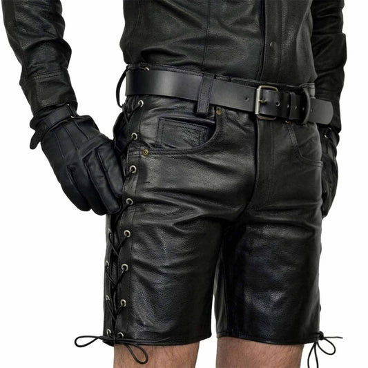 Pantalones cortos de cuero auténtico negro hechos a mano para hombre con cordones laterales para fiesta