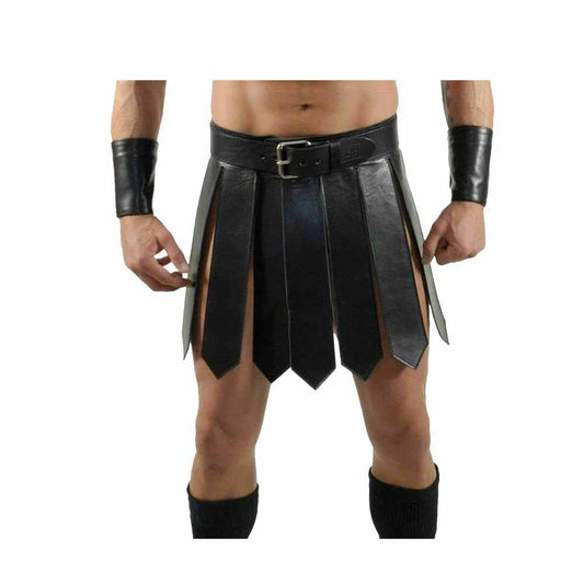 Kilt romano de gladiador negro de cuero auténtico sexy para hombre, conjunto de kilt, ropa de club gay, LARP