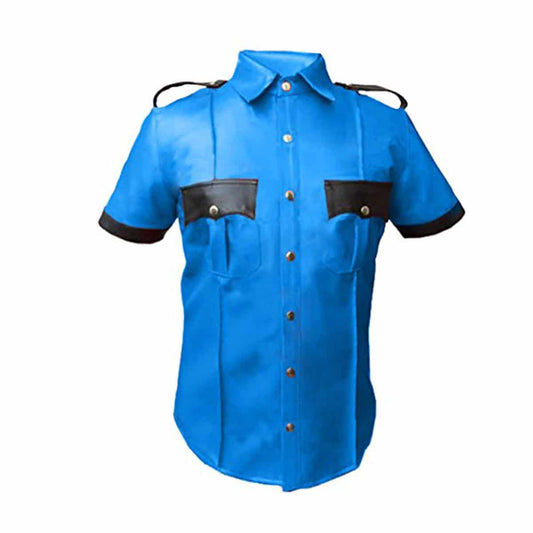 Camisa de Policía para Hombre de Cuero Genuino, Blusa de Cuero, Camisa de Cuero Azul, Bikers