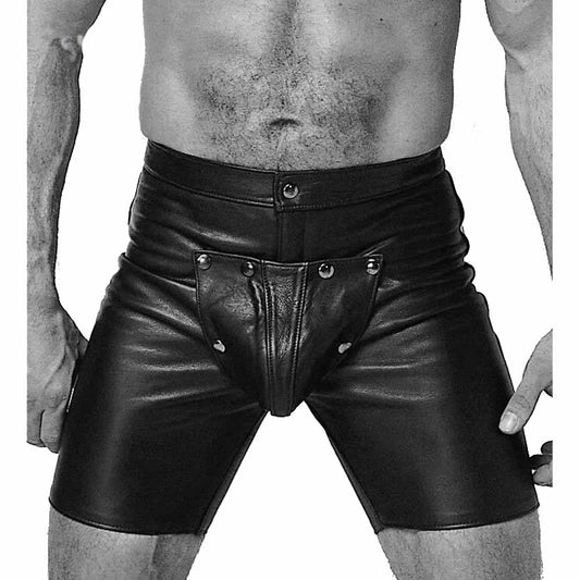 Nuevos pantalones cortos de mezclilla de cuero negro auténtico hasta medio muslo con taparrabo y abertura frontal, estilo gay