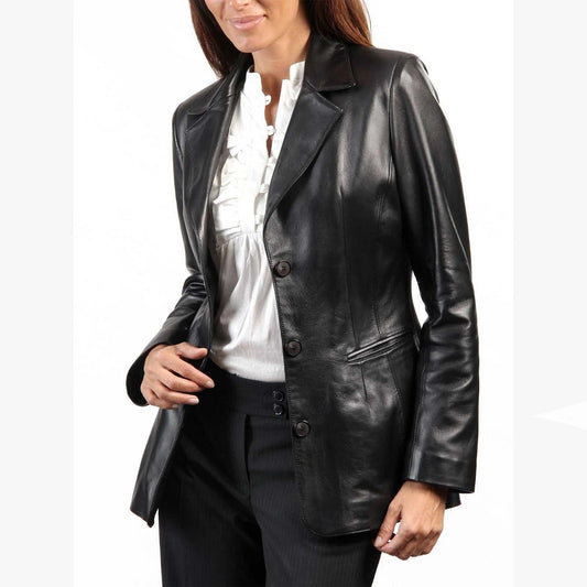 Chaqueta blazer de cuero genuino de piel de cordero real negra para mujer, corte ajustado