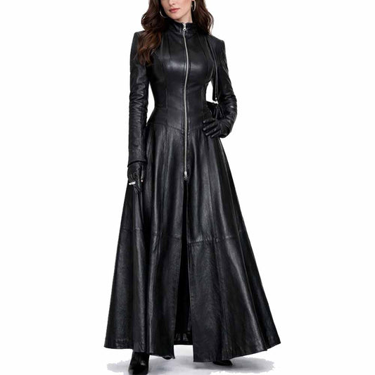 Gabardina gótica de cuero largo de napa de piel de cordero pura negra para mujer