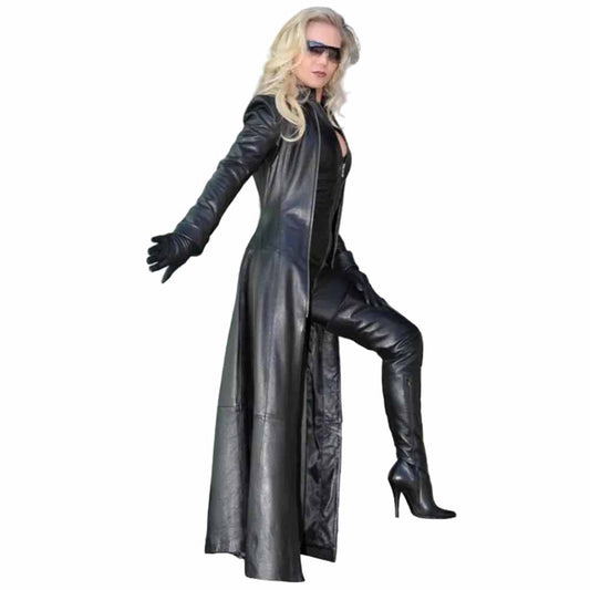 Gabardina de cuero napa negro puro para mujer, estilo Steampunk gótico Matrix