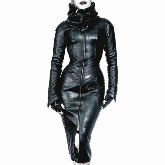 Body gótico de cuero auténtico para mujer, con cremallera separada, capucha, vestido de cuero steampunk