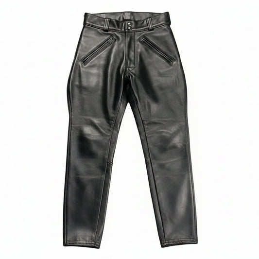 A pair of men's real cowhide leather breeches with branding on the back pockets, featuring a satin lining and double YKK zippers.