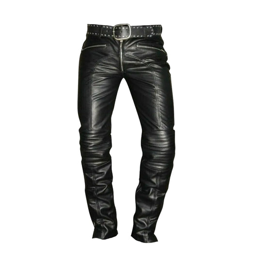 Men's Real Cowhide Leather Quilted Panels Slim Fit Trousers Pants Bikers Jeans Lederhosen