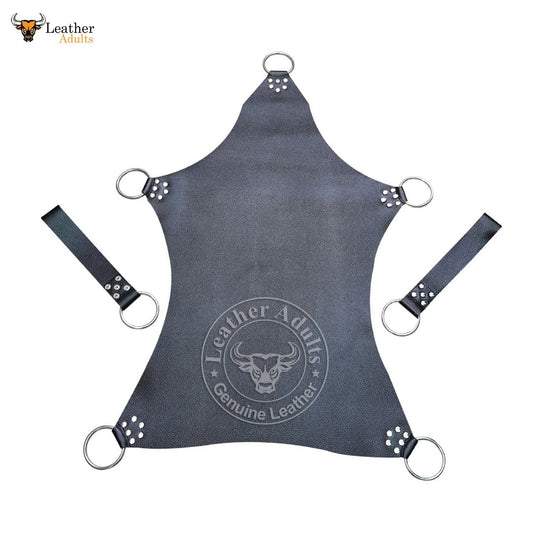 A black leather sex swing sling with attached leather stirrups and metal D-rings, featuring the brand logo 'KSK Leather' and the word 'Genuine Leather' embossed on it.