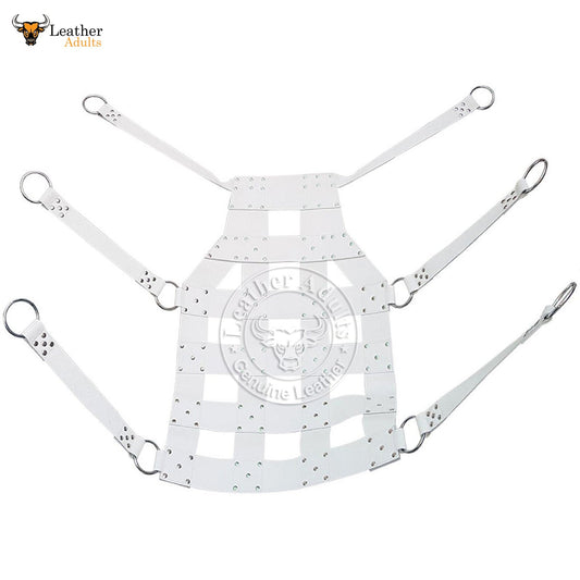 A white leather sex swing sling with stirrups, featuring multiple D-rings and metal hardware. The sling is designed for adult play and supports up to 350 lbs.
