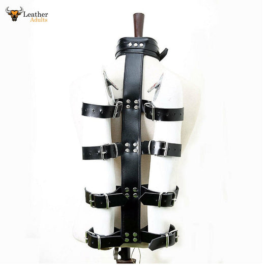 A black leather arm and neck binder set with soft cushioned leather, wrist cuffs, spine strap, and neck collar, featuring high-quality locking buckles.