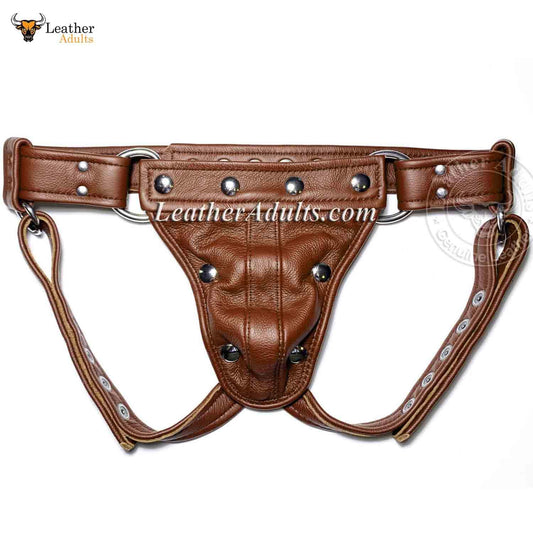 A brown leather jockstrap with a central pouch, adjustable straps, and metal hardware.