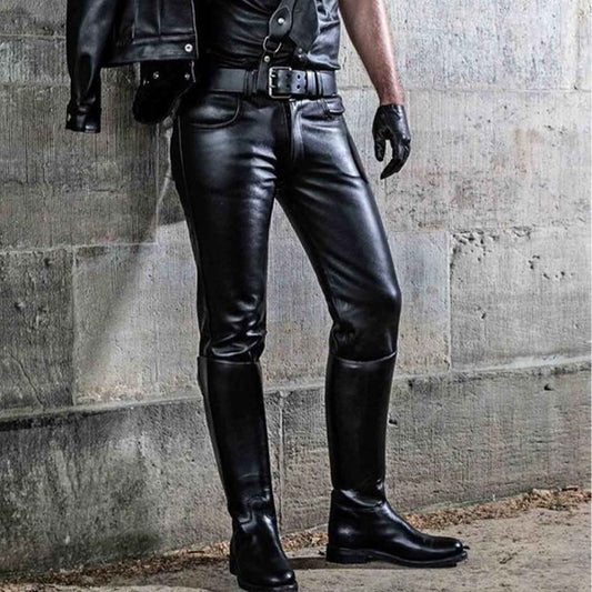 Mens Black Real Leather Slim Fit 501 Style BLUF Trousers Hot Gay Trousers Jeans Breeches